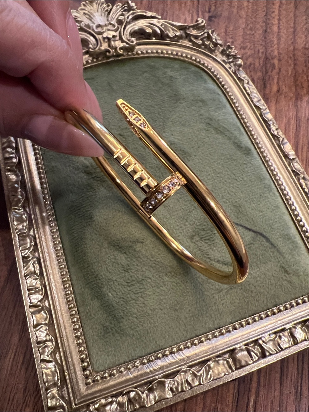 Stainless steel plated 18k Gold Nail-Style Bangle Bracelet with Crystal Accents